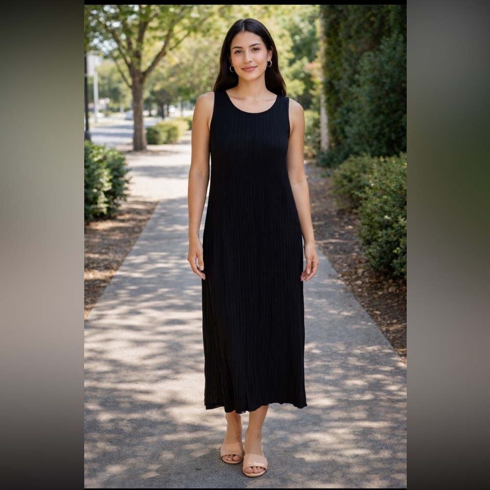 Fenini Ribbed Back Slit 100% Cotton Midi Tank Dress Black NWT Size L
